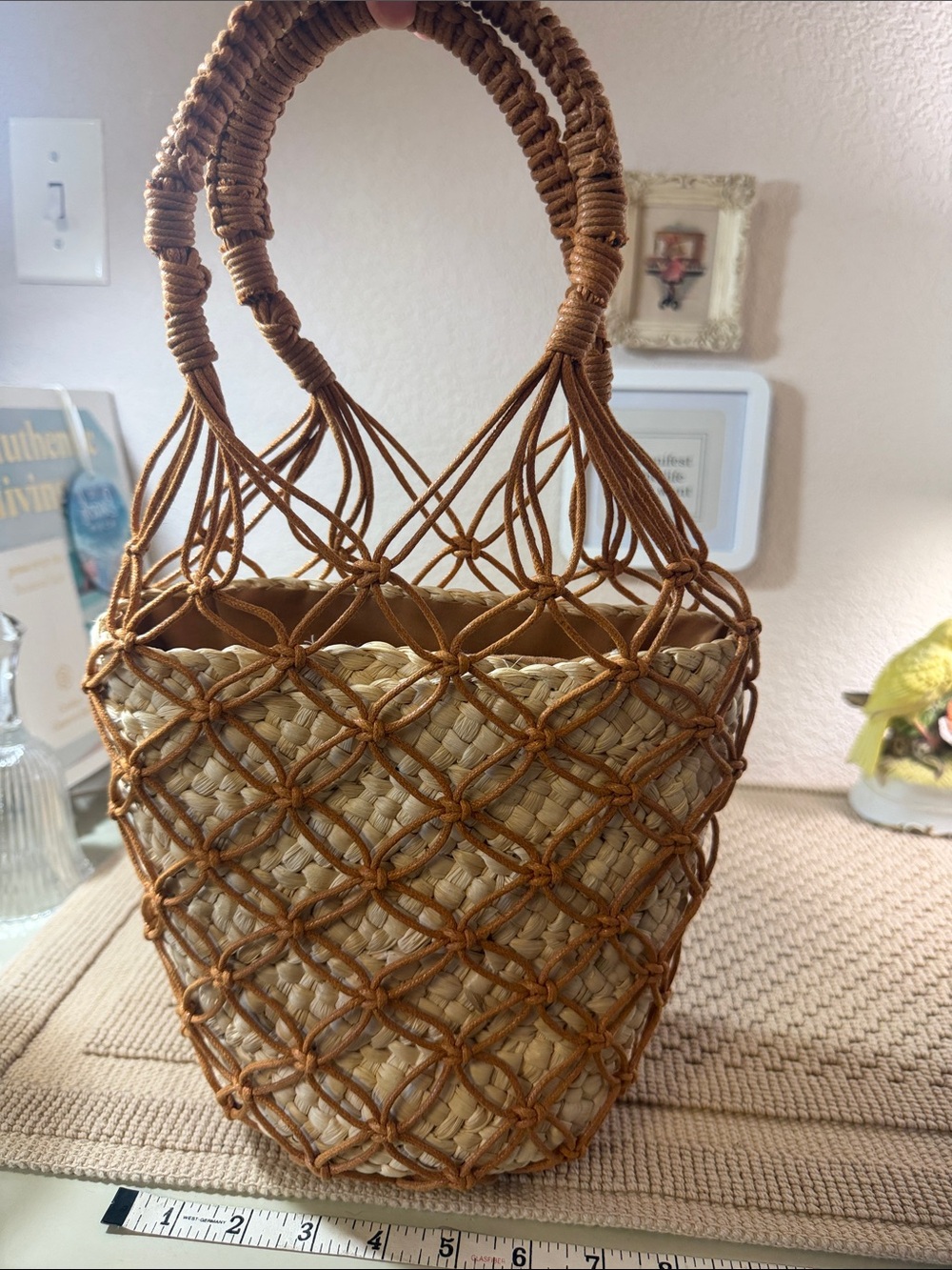 Forever 21 Tan Woven Straw Tote with Brown Removable Macramé Net
